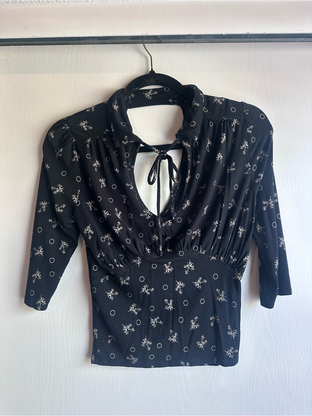 Free People Black Floral Tie-Neck Blouse